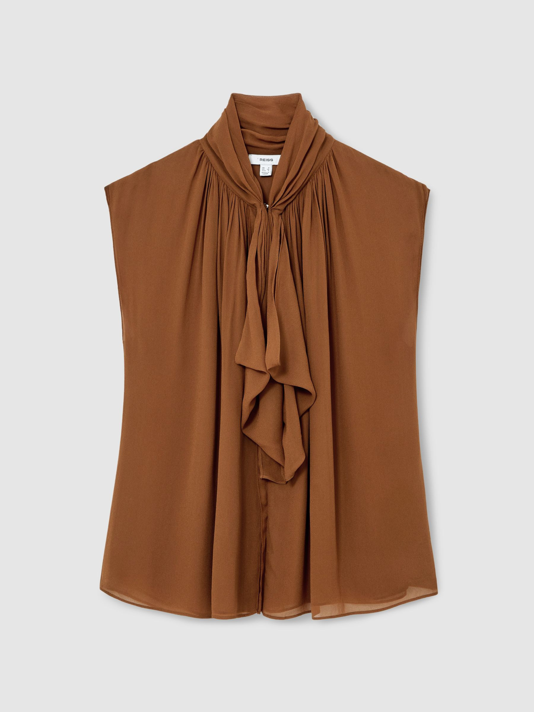 Reiss Crepe-Chiffon Ruffle Sleeveless Top in Tan Brown | REISS | Reiss US