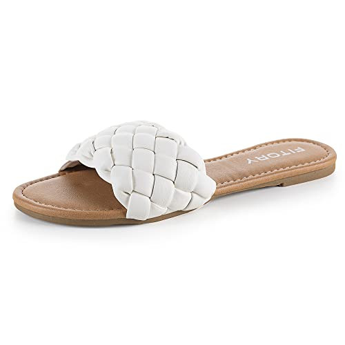 FITORY Womens Flat Sandals Fashion Round Open Toe Slip On Slides with Braided Strap Slippers for Summer Size 8 White | Amazon (US)