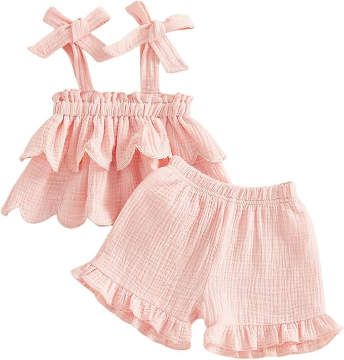 BeQeuewll Toddler Baby Girl Clothes Summer Linen Outfit Sleeveless Tie Up Tank Tops+Ruffled Short... | Amazon (US)