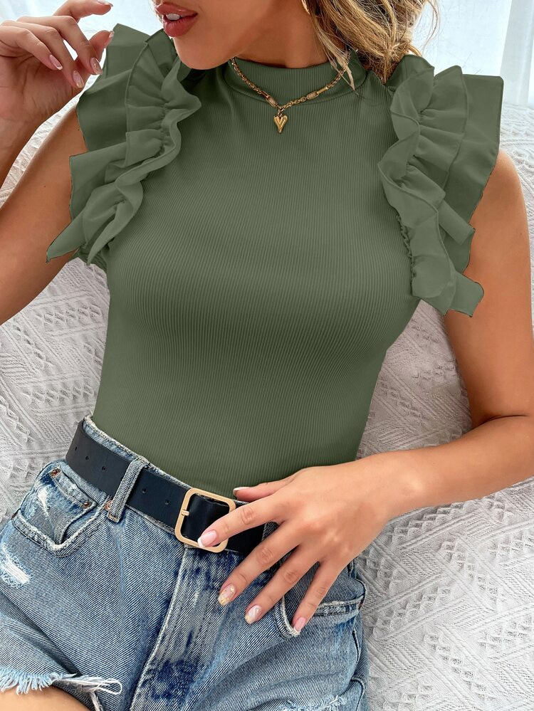 Mock Neck Ruffle Trim Tee | SHEIN