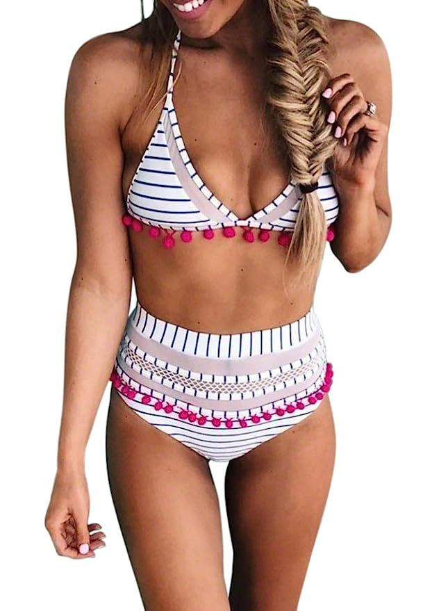 Dokotoo Womens High Waist Two Pieces Bikini Set Striped Tassel Swimsuit | Amazon (US)