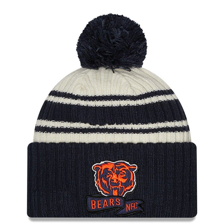 Chicago Bears New Era 2022 Sideline Sport Cuffed Pom Knit Hat - Cream/Navy | Fanatics