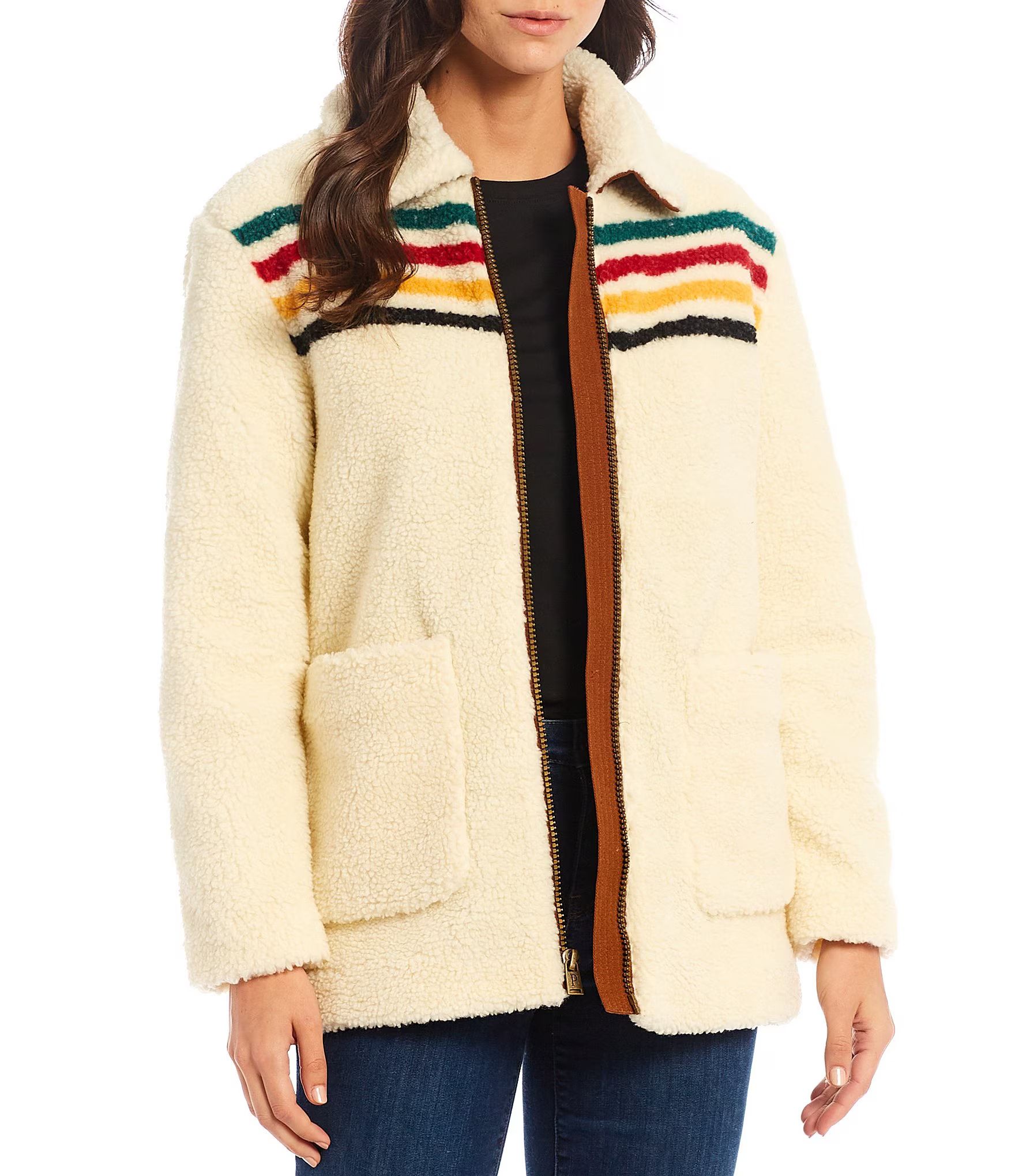 Glacier Sunset Stripe Print Stand Collar Long Sleeve Fleece Cozy Zip Front Coat | Dillard's