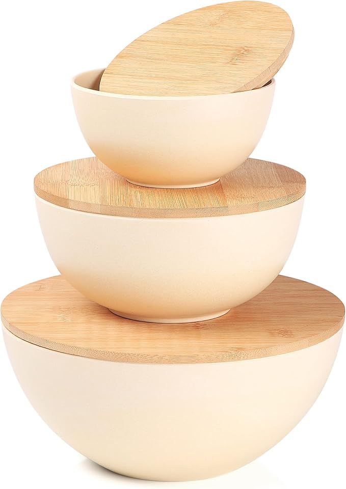ECO Bamboo Fiber Salad Bowl Set with Bamboo Lid-Set of 3 Salad Bowls (White), Mixing Bowls & Stor... | Amazon (US)