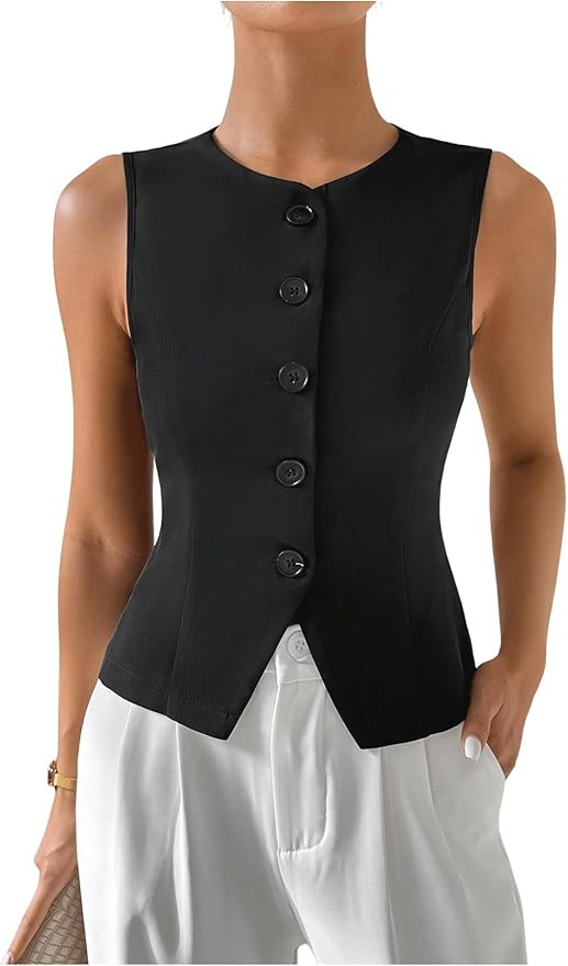 MakeMeChic Women's Sleeveless Single Breasted Blazer Round Neck Asymmetrical Hem Blazer Vest | Amazon (US)