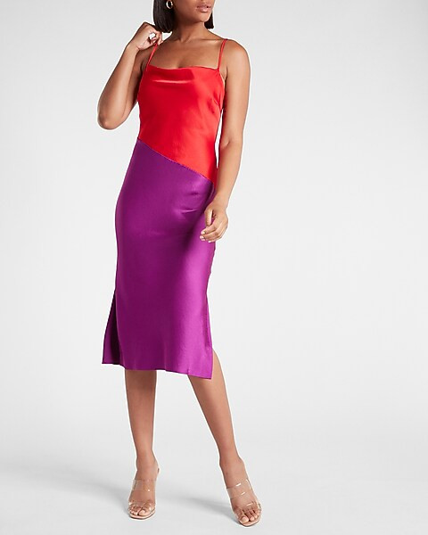 Satin Color Block Cowl Neck Midi Slip Dress | Express