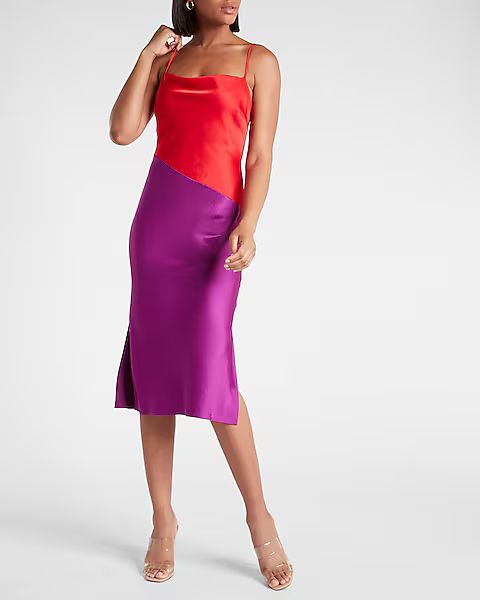 Satin Color Block Cowl Neck Midi Slip Dress | Express