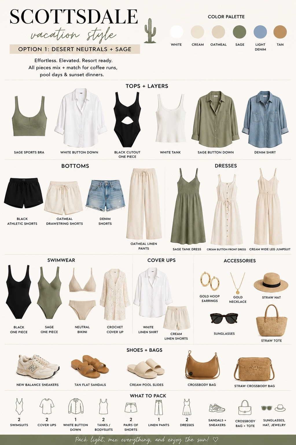 🌵 Scottsdale Capsule = Packed ✔️ Stress = Gone ✨
If you're headed to Scottsdale, this is the color palette I'm packing: soft neutrals, sage, light denim, and a few black basics that go with everything. 🤍🌿

The goal? A suitcase full of pieces that mix and match effortlessly—from coffee runs and pool days to shopping, dinner, and sunset cocktails. One button-down becomes a swim cover-up, a dinner layer, or a travel piece. Dresses do the heavy lifting, and comfy sneakers + sandals cover every plan.

This is the kind of vacation wardrobe that makes getting dressed easy and leaves room in your suitcase for souvenirs. 😉

🧳 Packing highlights:
• Neutral + sage color palette
• 2 swimsuits + versatile cover-ups
• Easy linen separates
• Day-to-night dresses
• Comfortable sneakers & flat sandals
• Simple gold accessories to finish every look

Similar pieces are linked here so you can recreate the capsule or mix in pieces you already own!

#LTKTravel #ScottsdaleStyle #CapsuleWardrobe #ResortStyle #VacationOutfits #WhatToPack #TravelStyle #NeutralStyle #SummerStyle #LTKFinds #LTKFashion #ResortWear

#LTKTravel