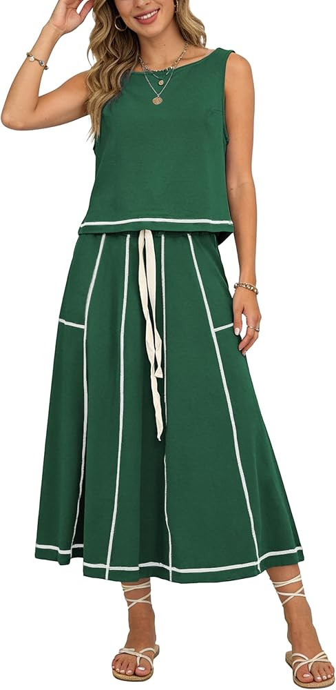 Women\u2019s 2 Piece Cotton Skirt Set Sleeveless Draped Tank Top Drawstring Midi Skirt Y2K Lounge... | Amazon (US)