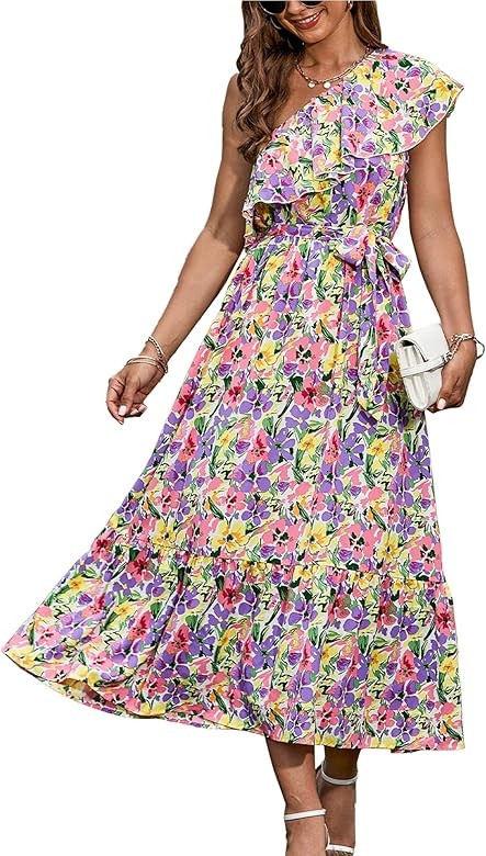 NOLLSOM Casual Women Summer Dresses 2023 One Shoulder Maxi Dress Sleeveless Ruffle Layered Boho F... | Amazon (US)