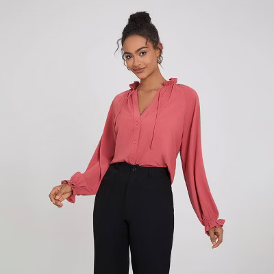 Women's Ruched Neck Raglan Long Sleeve Button Closure Blouse - A New Day™ | Target