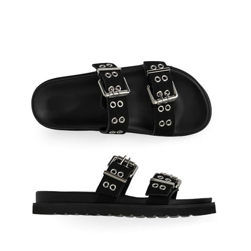 Modatope Black Suede Flat Sandals for Women Slide Sandals Double Buckle Adjustable Sandals Open Toe Slip On Sandals Size 7 | Amazon (US)