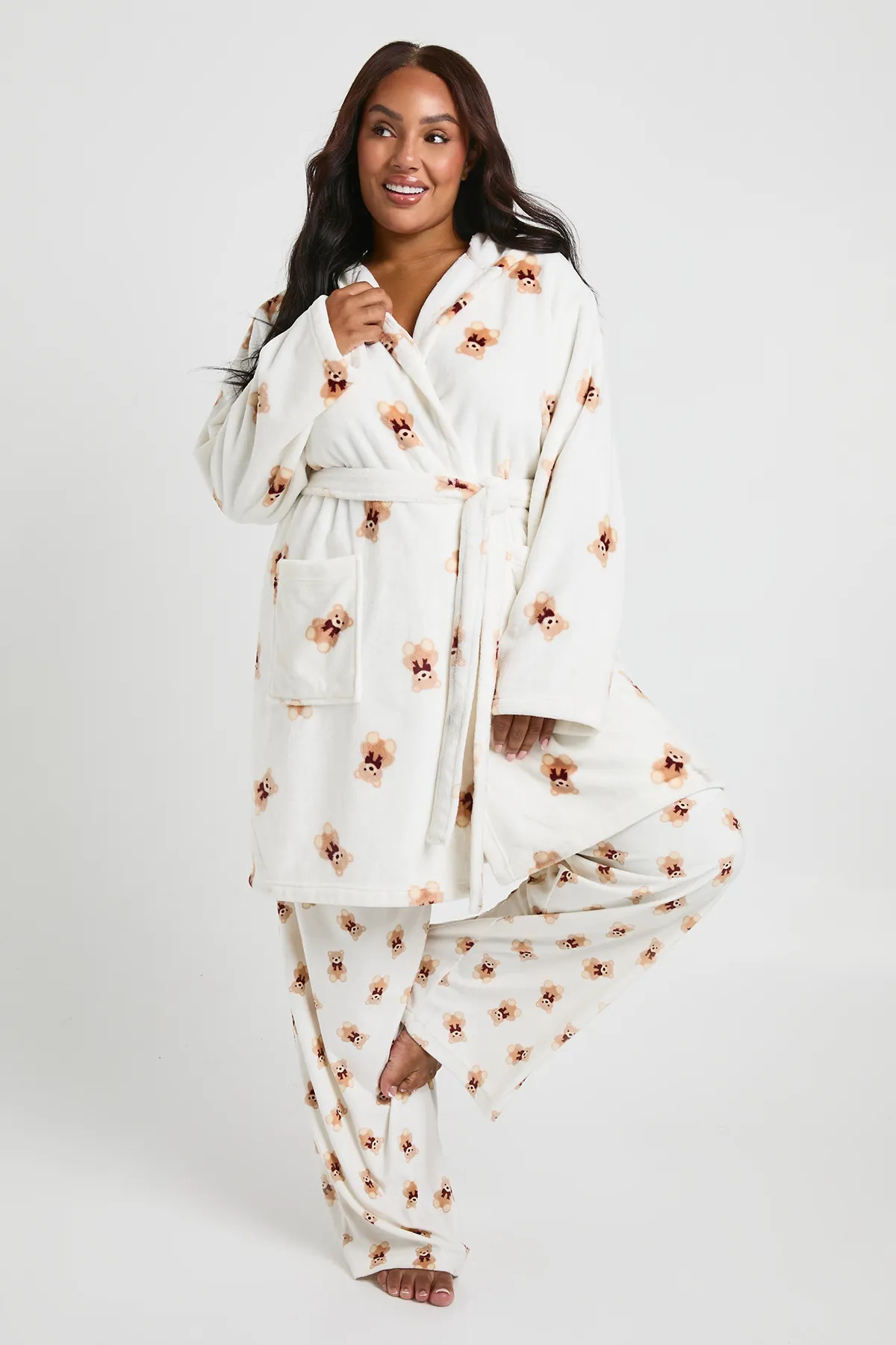 Plus Womens Matching Family Bear Print Fleece Hooded Short Dressing Gown | Boohoo.com (UK & IE)
