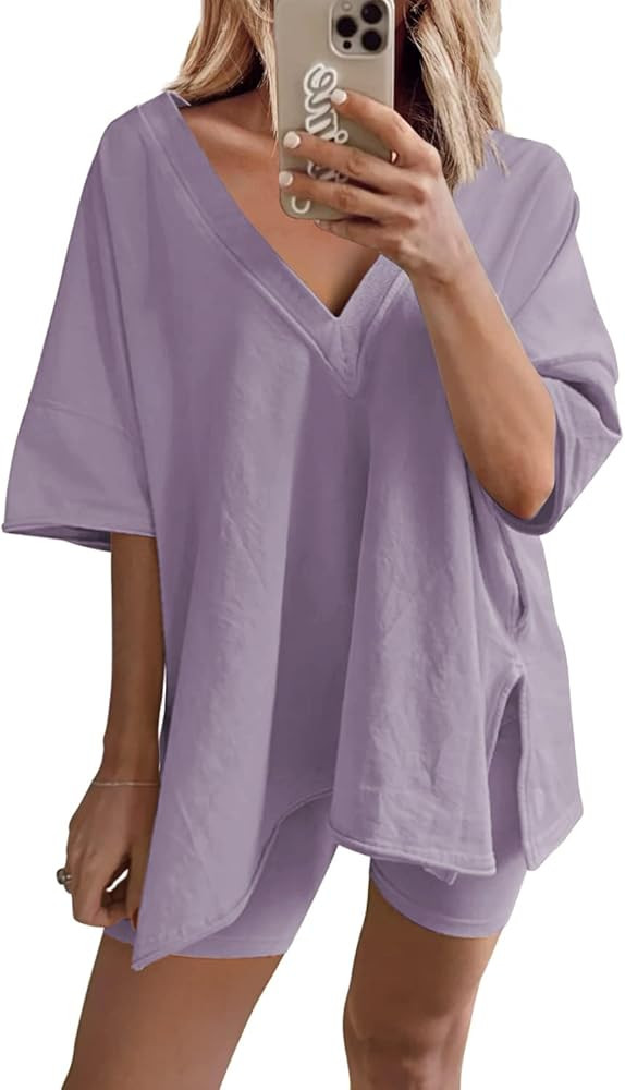 Ailoqing 2 Piece Outfits for Women Summer Oversized V Neck T Shirt Biker Short Sets Hot Shot Reve... | Amazon (US)