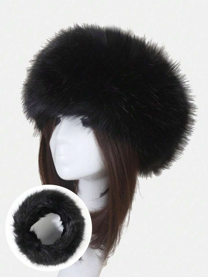 1pc women Solid black Fuzzy headband, earwarmer hairband ,Empty Top Winter Fluffy Hat | SHEIN