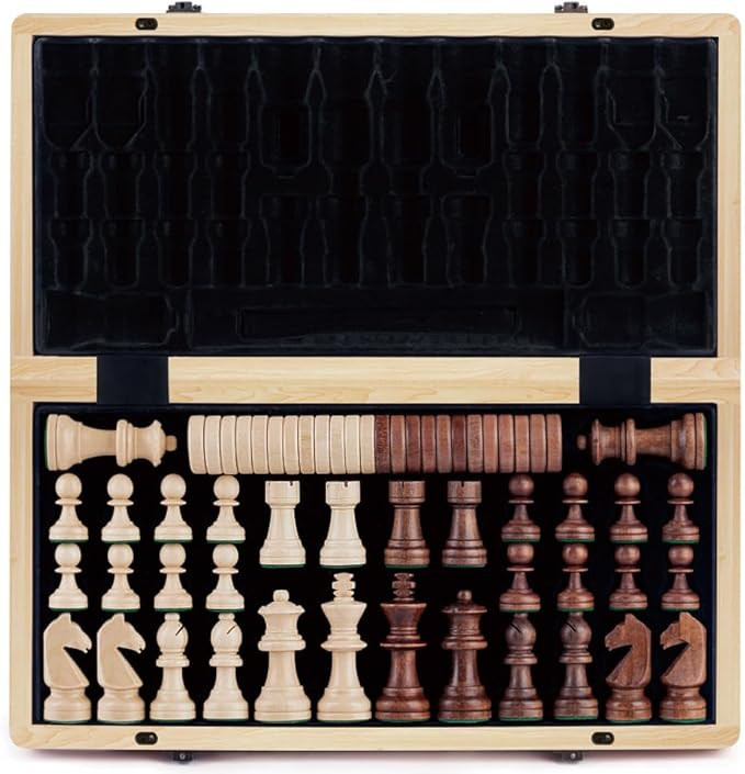 A&A 15 inch Wooden Folding Chess & Checkers Set w/ 3 inch King Height Staunton Chess Pieces / 2 E... | Amazon (US)