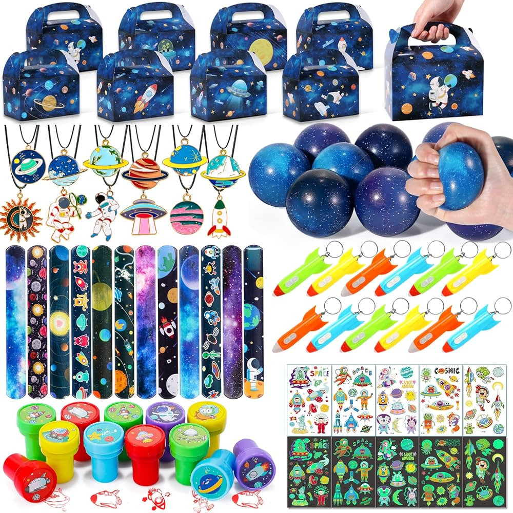 Golray 84pcs Space Party Favors Box Stress Balls Glow In Dark Tattoos Stamp Necklace Keychains Sl... | Amazon (US)