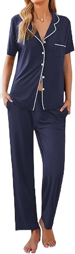 Ekouaer Women Pajamas Set Button Down Sleepwear Short Sleeve Nightwear with Long Pants Soft Pjs S... | Amazon (US)