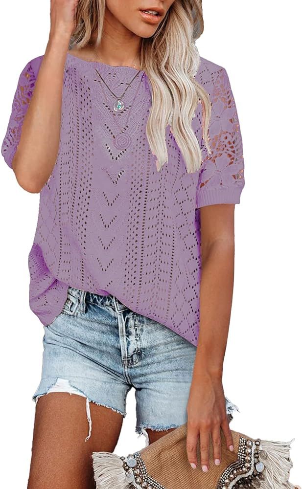 Womens Short Sleeve Lace Crochet Sweaters Knit Pullover Tops | Amazon (US)