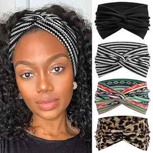 4 Pack Wide Headbands for Women Cute Boho Headband Stripe Knotted Turban Head Bands Soft Hair Wra... | Amazon (US)