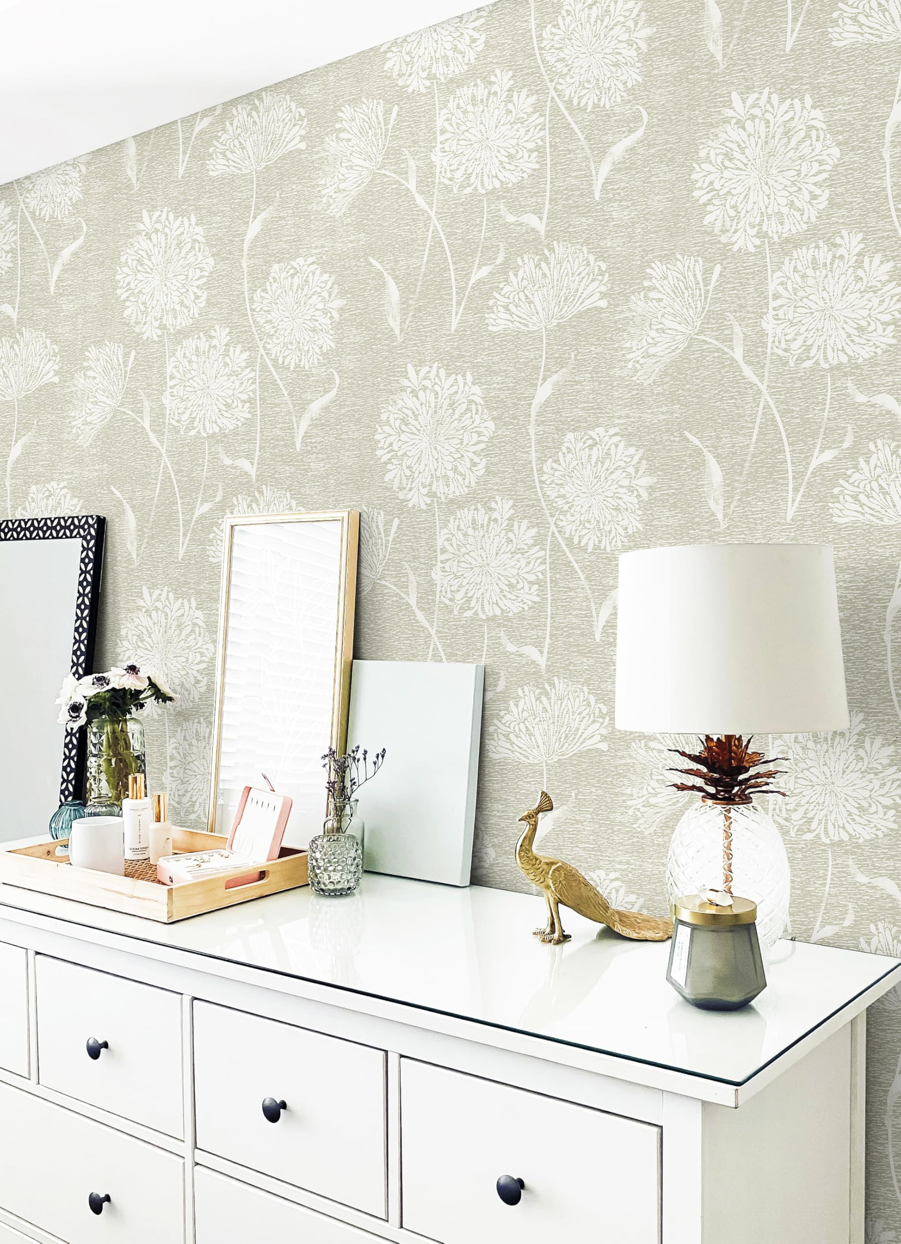Safiyya Peel and Stick Wallpaper Faux Grasscloth Floral Contact Paper Beige Fabric Wall Paper Mod... | Amazon (US)