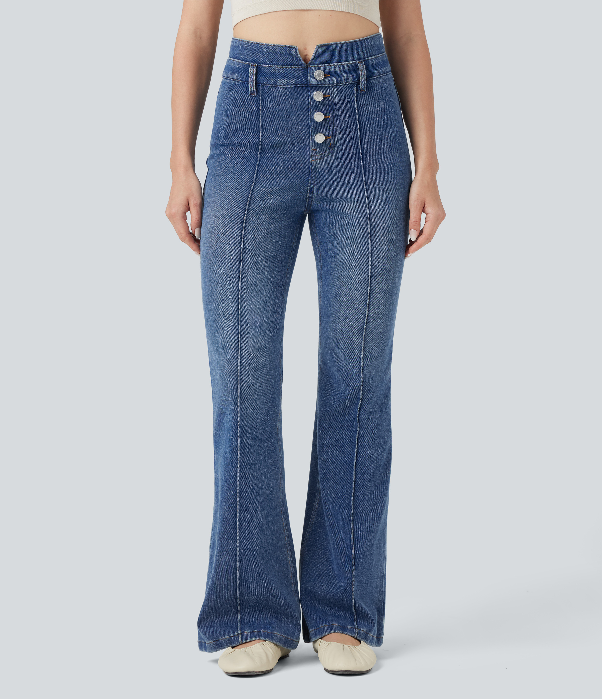 Halara Halara Flex™ Mid Rise Tummy Control Casual Flare Jeans with Pockets - Tide Blue Denim - XL(regular) | HALARA