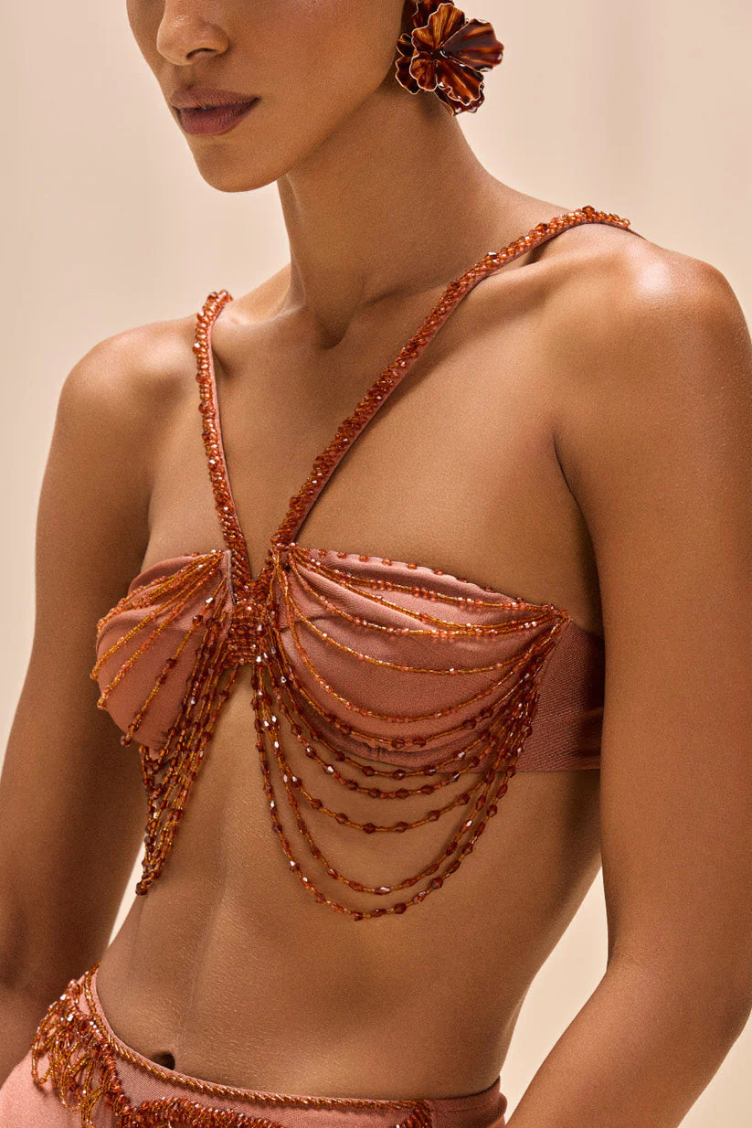 GOLDEN DUNE LYCRA HALTERNECK EMBROIDERED BIKINI TOP | PatBO