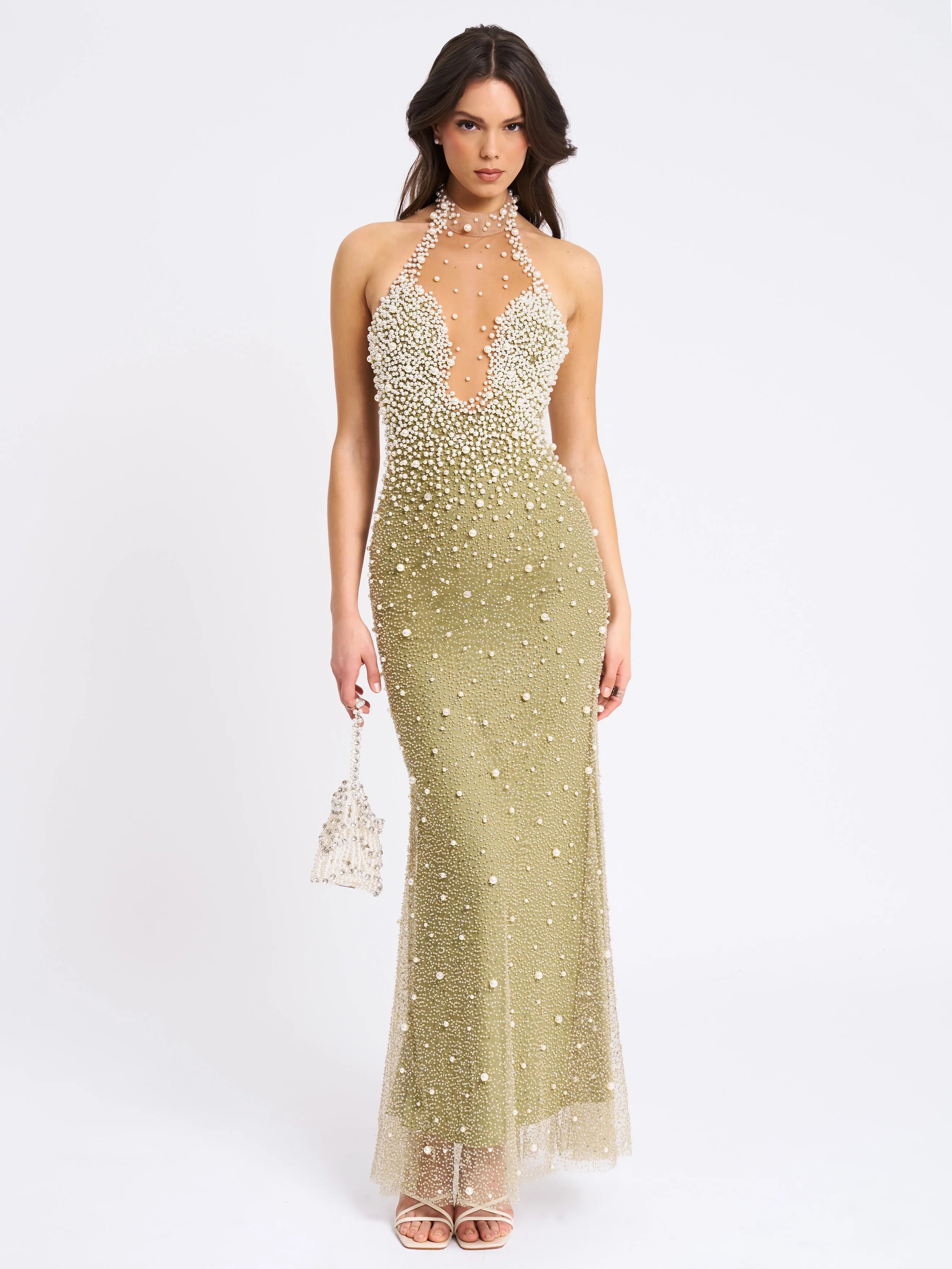 BBC Ginny Pear Green Pearl Embellished Backless Gown (Archive Sale) | Miss Circle