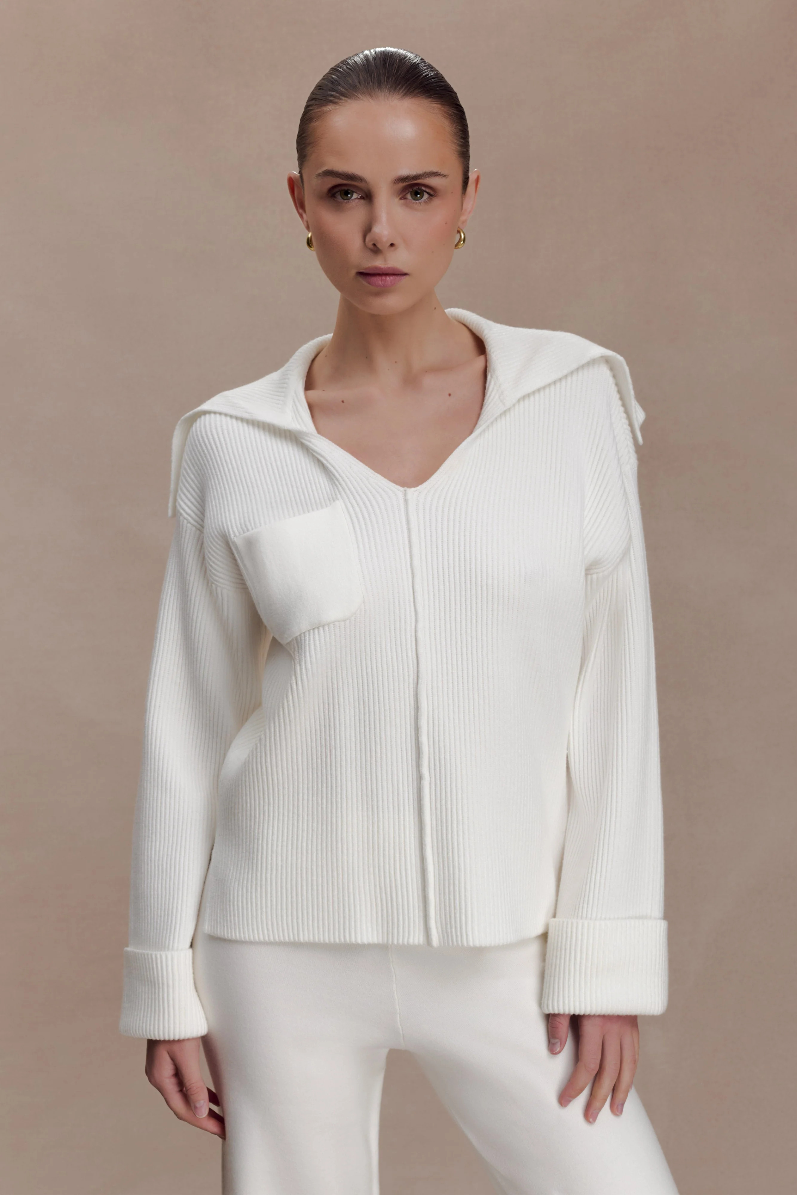 Bianka V Neck Knit Jumper - Off White | Meshki UK