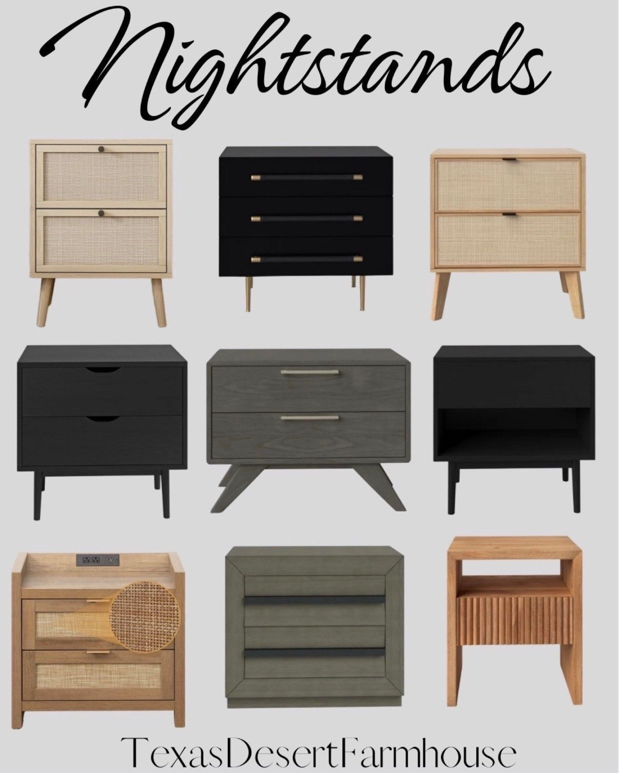 Modern Nighstands 

Black and rattan nightstands. Beige, gray, and black nighstands with gold hardware or pull drawers with no hardware. Modern look for boys bedroom or guest room 

#nighstand #sidetable #endtable #table #bedroomfurniture #nightstands #bedsidetsble #bedroom #guestroom #sparebedroom

#LTKfamily #LTKhome #LTKstyletip

#LTKdayinmylife #LTKstorytime #LTKHome