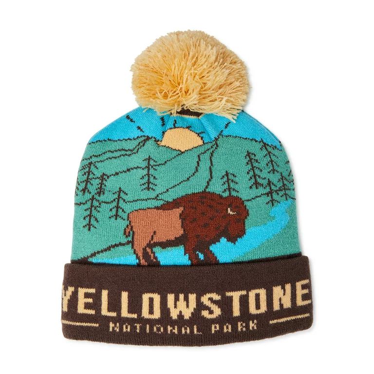 National Park Yellowstone Bison Cuffed Knit Beanie Hat with Pom - Walmart.com | Walmart (US)