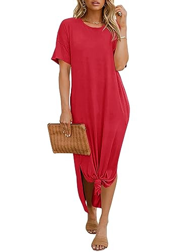 Dyexces Womens Summer T Shirt Dress Casual Drop Shoulder Round Neck Maxi Dresses Loose Side Slit Midi Dress with Pocket Red | Amazon (US)