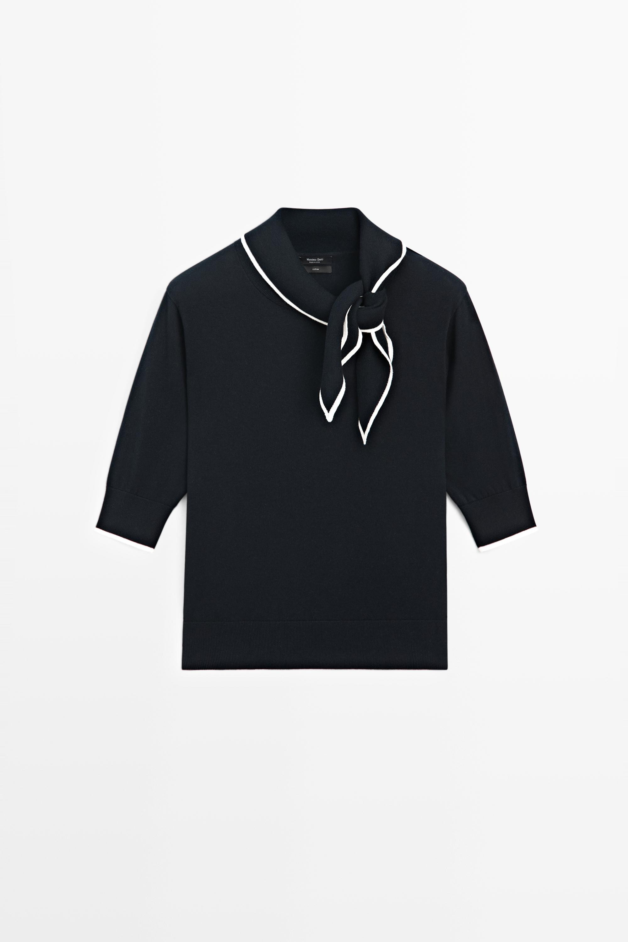 100% cotton knit sweater with scarf detail | Massimo Dutti US