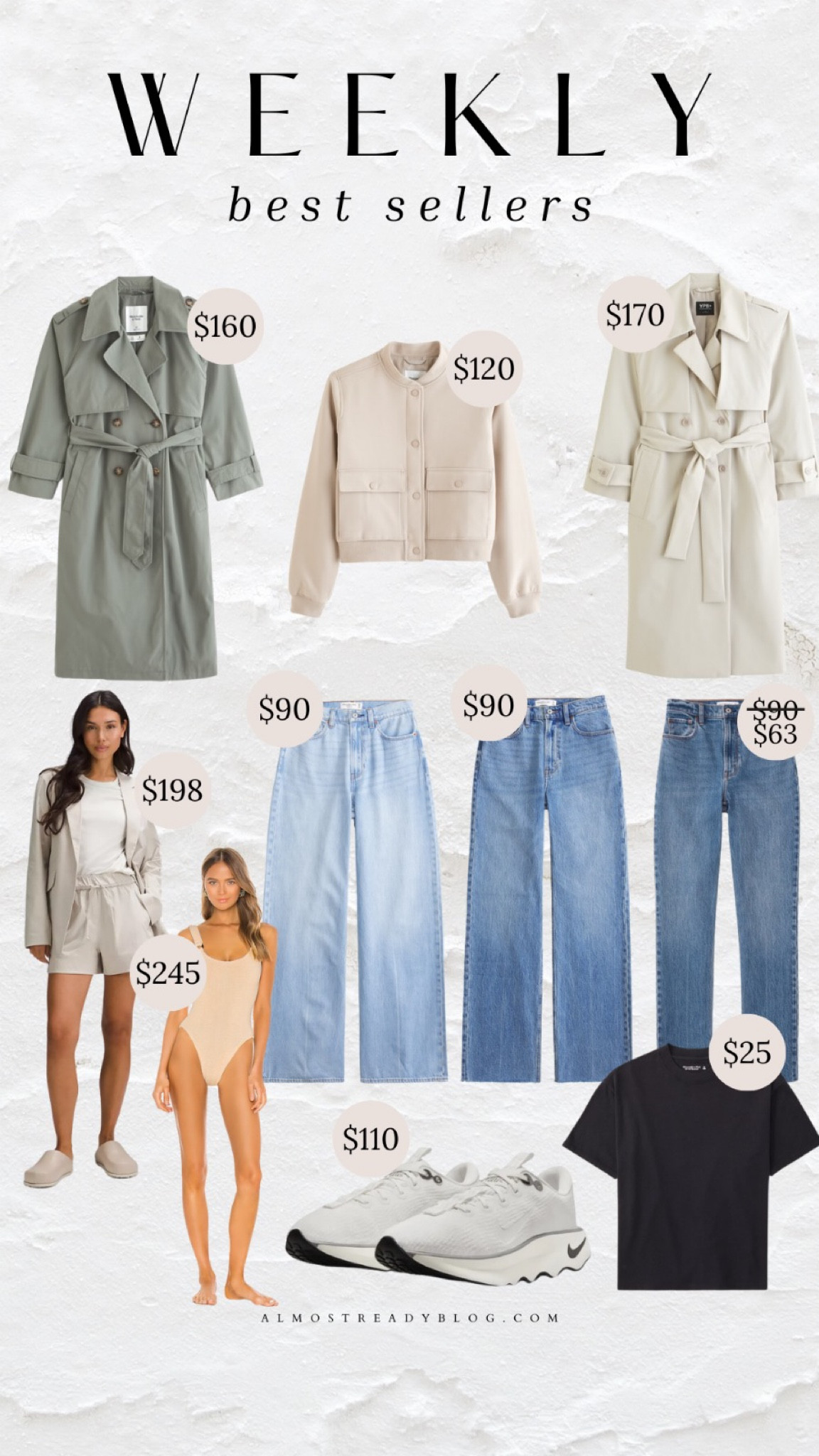 Weekly best sellers, trench, bomber jacket, jeans, swimsuit, lululemon blazer 

#LTKsalealert #LTKfindsunder100 #LTKfindsunder50