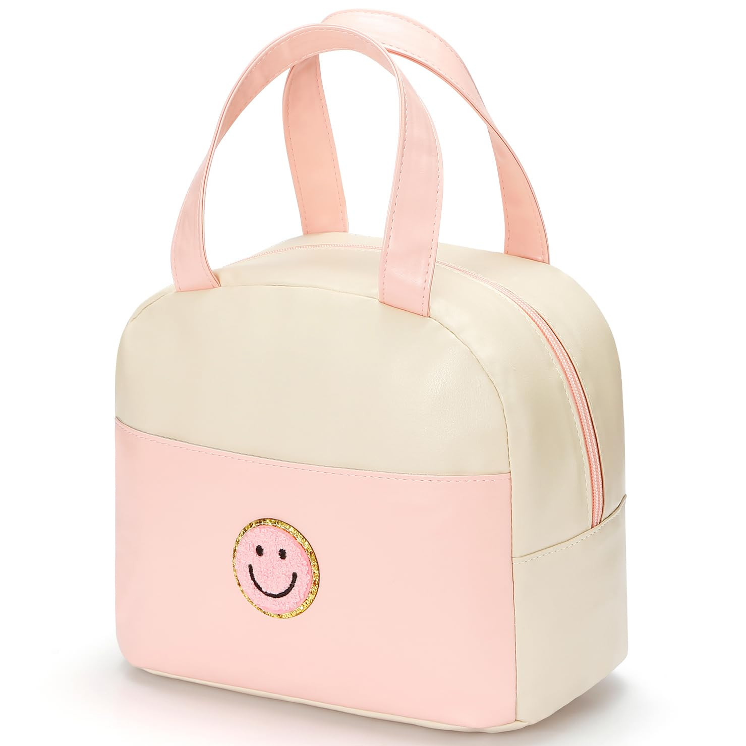 Lunch Bag for Women Large Insulated Lunch Box Reusable Lunch Tote with Preppy Soft Leather Bag for Work Picnic Travel (White&Pink) | Amazon (US)