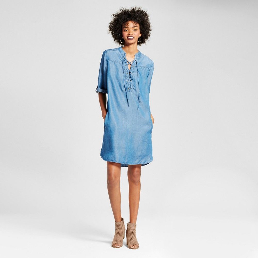 Women's Chambray Lace-Up Dress - Alison Andrews Denim Blue L | Target