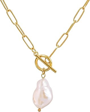 TaYolnFaSo Pearl Gemstone Pendant Paperclip Toggle Necklace 18k Gold Plated Natural Pearl Stone B... | Amazon (US)