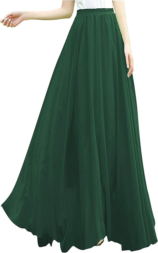 v28 Women Full/Ankle Length Elastic Pleated Retro Maxi Chiffon Long Skirt | Amazon (US)