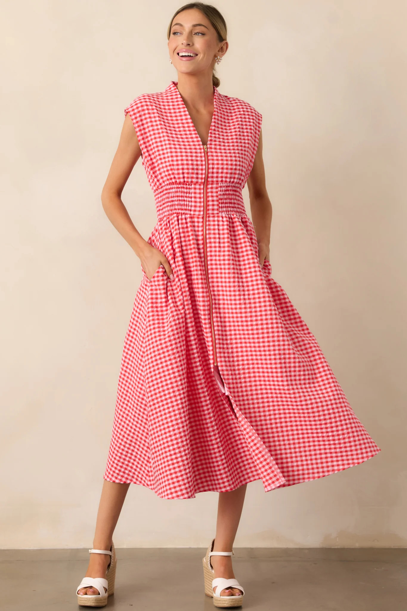 The Evette Red Gingham Zip Front Midi Dress | Red Dress