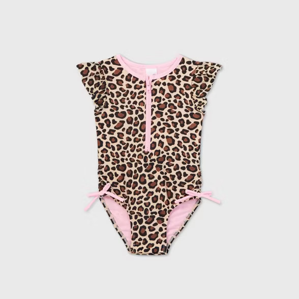 Toddler Girls' Leopard Print Zip-Front Flutter Sleeve One Piece Swimsuit - Cat & Jack™ Brown | Target