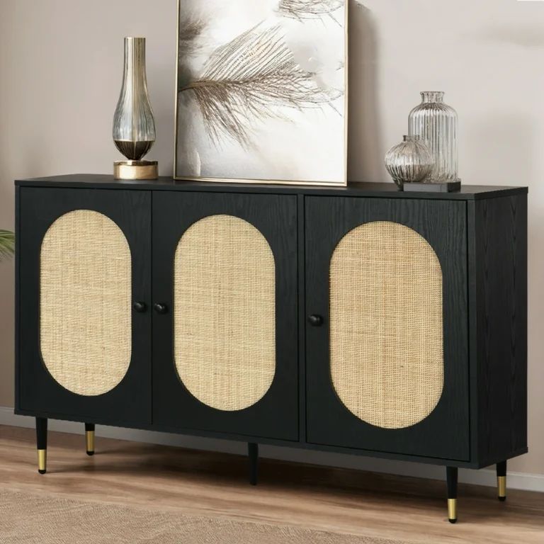 Catrimown Sideboard Buffet Cabinet, Sideboard Storage Cabinet with Gold Legs and 3 Natural Rattan... | Walmart (US)