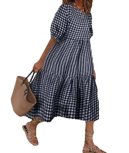 Sexyshine Women's Retro Plaid Lantern Puff Sleeve Plaid Long Dress Casual Loose Gingham Swing Pleated Tiered Dress(27671ZQ,L) Dark Blue | Amazon (US)