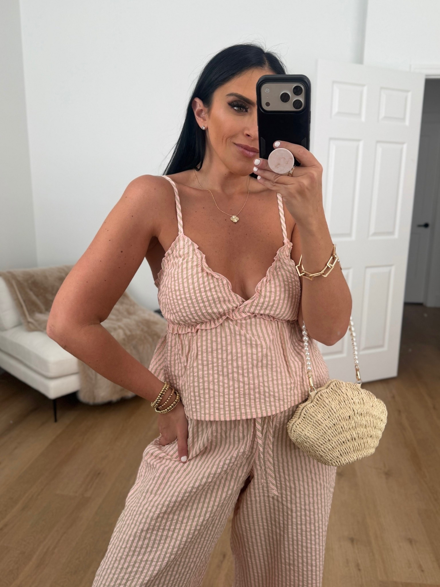 No Boundaries Striped Seersucker Ruffle Cami and Drawstring Pants Set wearing size small. 