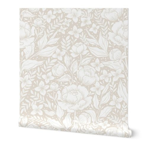 Peonies -neutral botanical Art Nouveau large scale Victorian wallpaper | Spoonflower