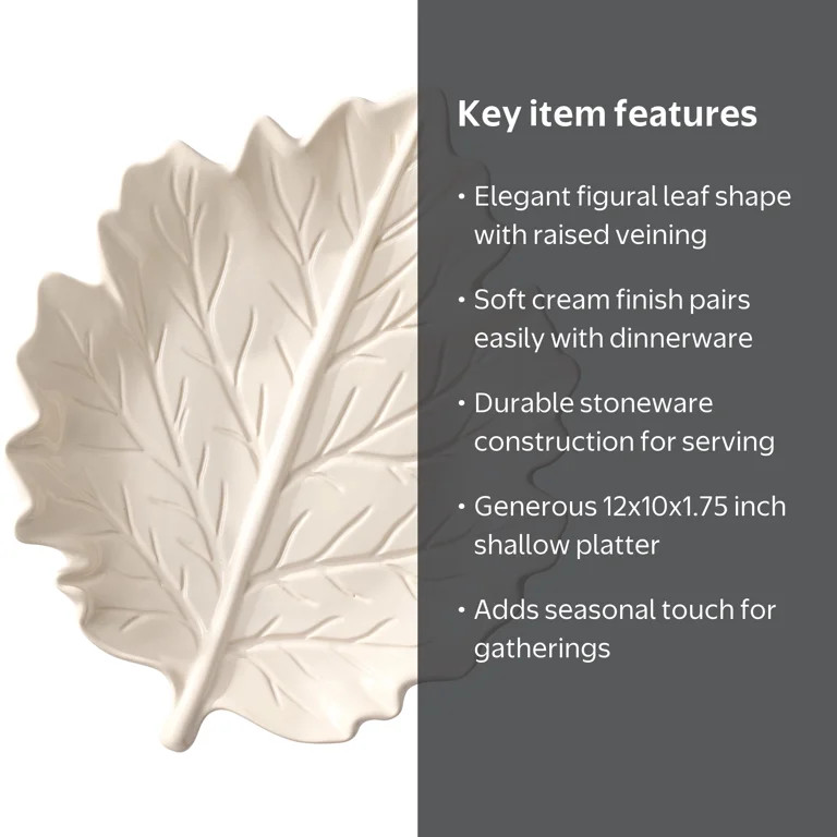 Better Homes & Gardens Figural Leaf Stoneware Serving Platter, Cream, 12 in x 10 in | Walmart (US)