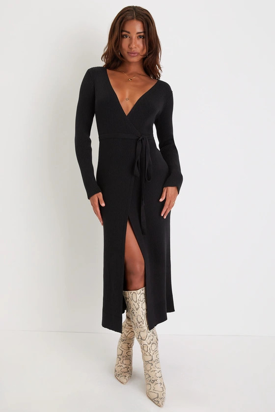 Iconic Comfort Black Ribbed Surplice Wrap Midi Sweater Dress | Lulus (US)