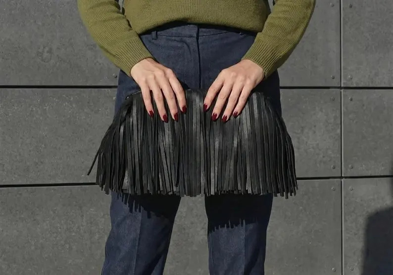 Handmade Black Leather Fringe Clutch Bag \u2013 Boho Tassel Pouch \u2013 Western Style Leather Ha... | Etsy (Global)