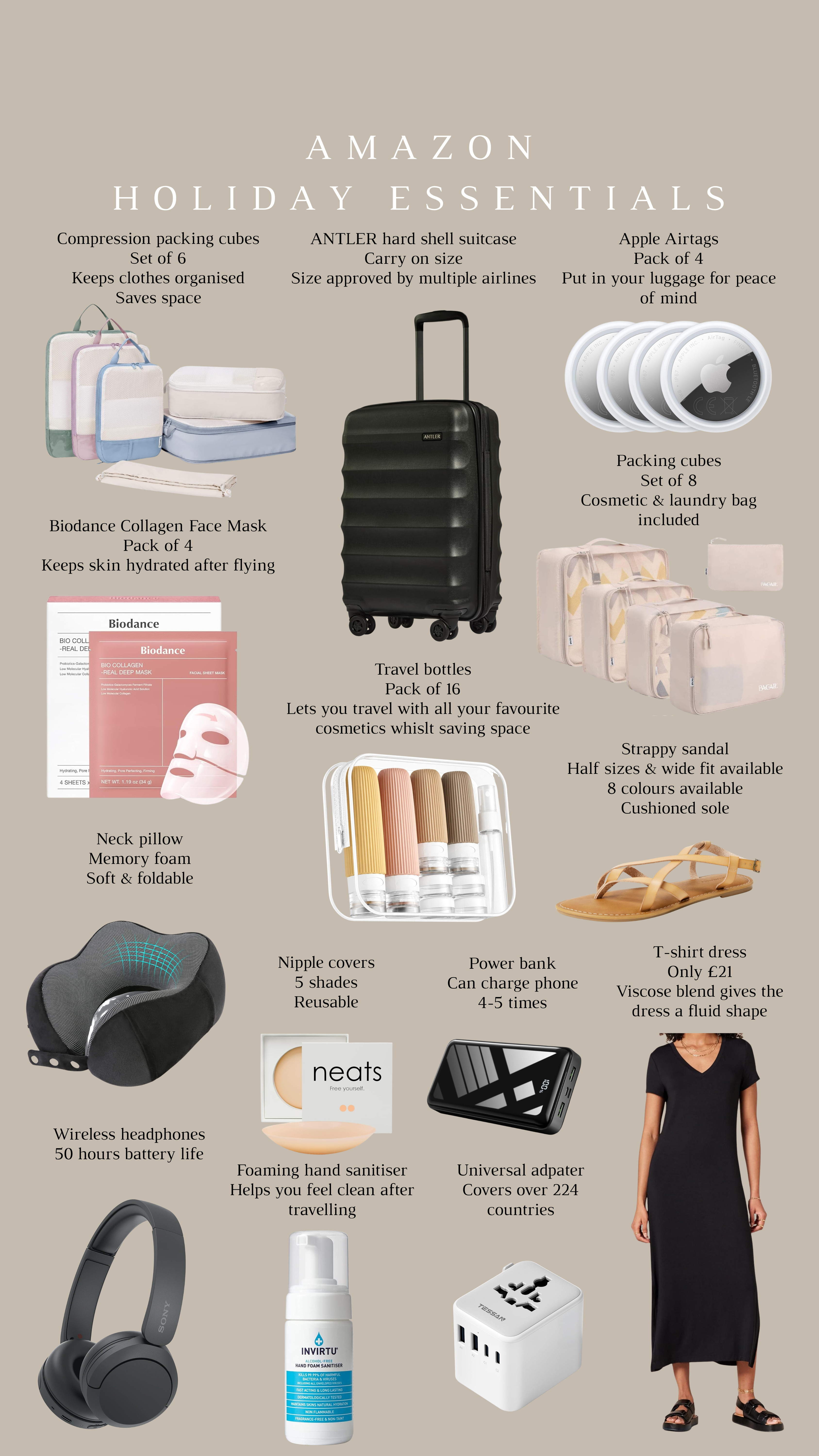Amazon Holiday Essentials ☀️

travel, travel essentials, travel hacks, plane, aeroplane, suitcase, airport, travel day, holiday hack, headphones, tech, face masks, collagen, packing hack, packing cubes, airtags 

 #LTKuk #LTKsummer #LTKtravel