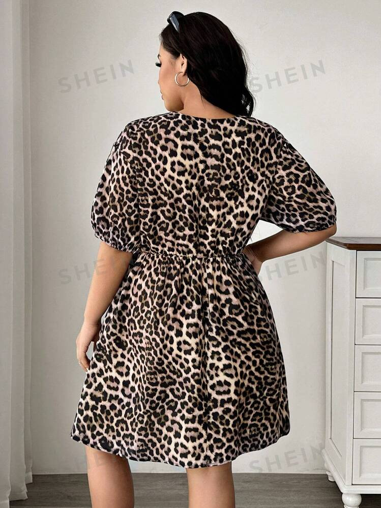 SHEIN EZwear Plus Size Women's Summer Puff Sleeve Leopard Print Bow-Tie Belt Midi Dress | SHEIN