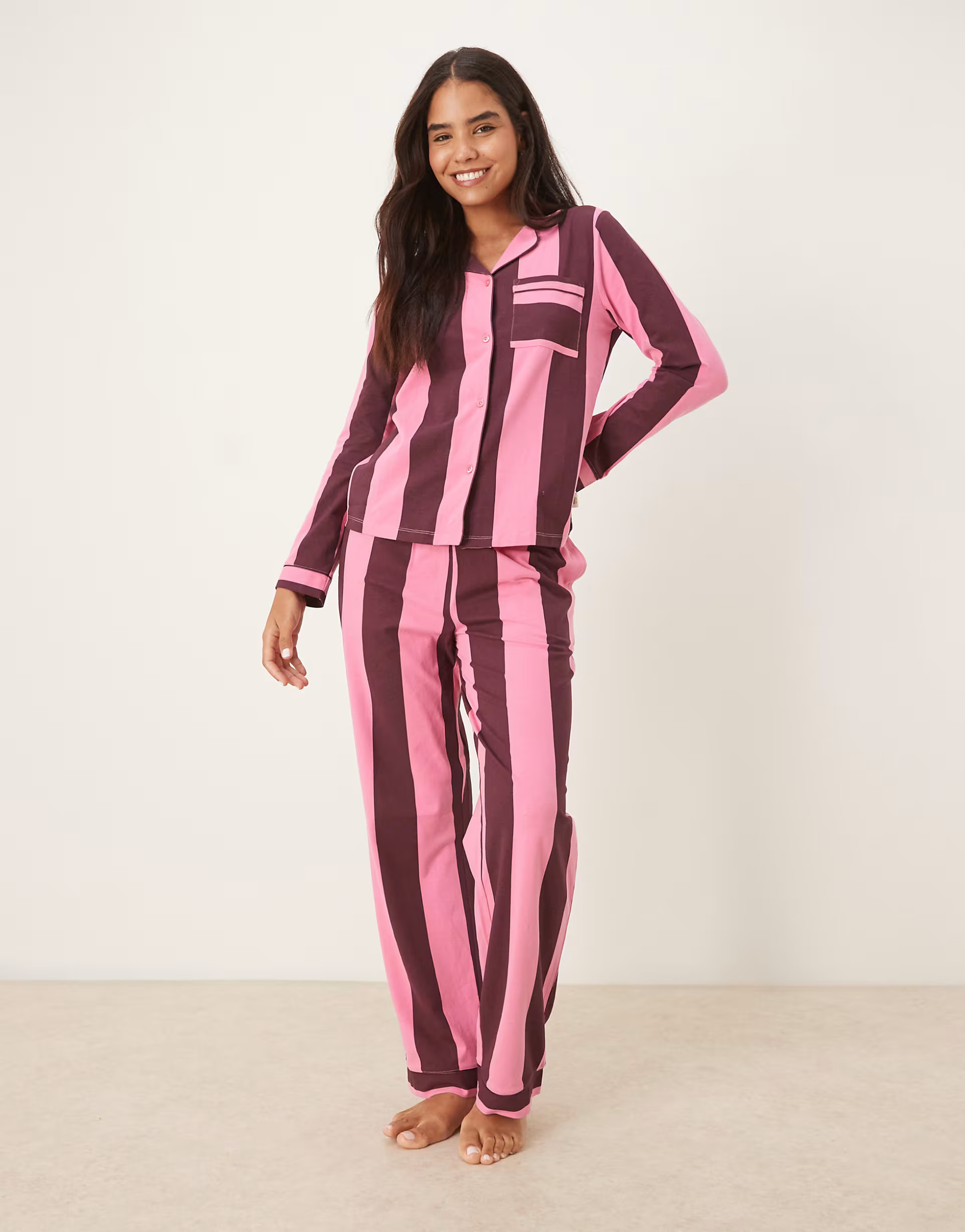 Chelsea Peers cotton long sleeve revere pyjama set in multi stripe print | ASOS (Global)